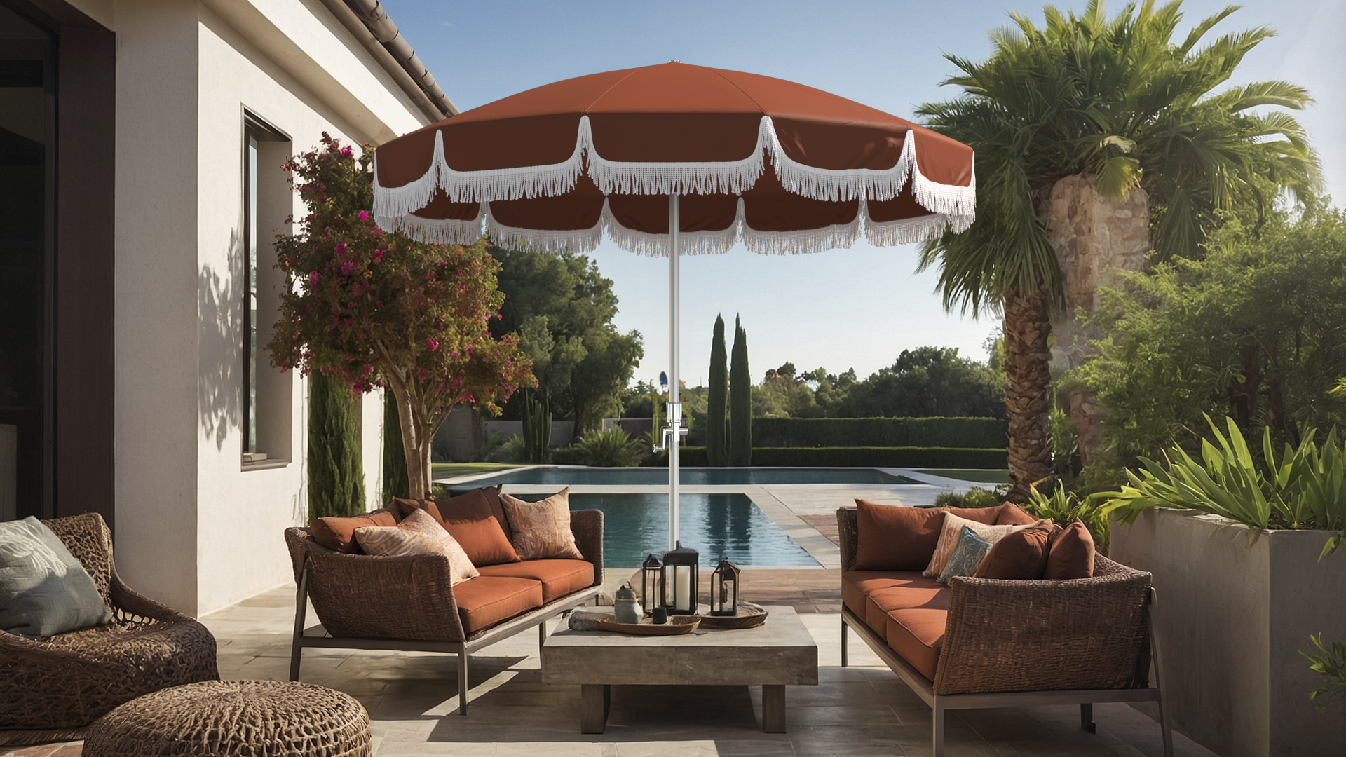 Elegant patio setup featuring a California Umbrella with rich Sunbrella Henna canopy and white fringe, complementing a stylish outdoor seating area by the pool.