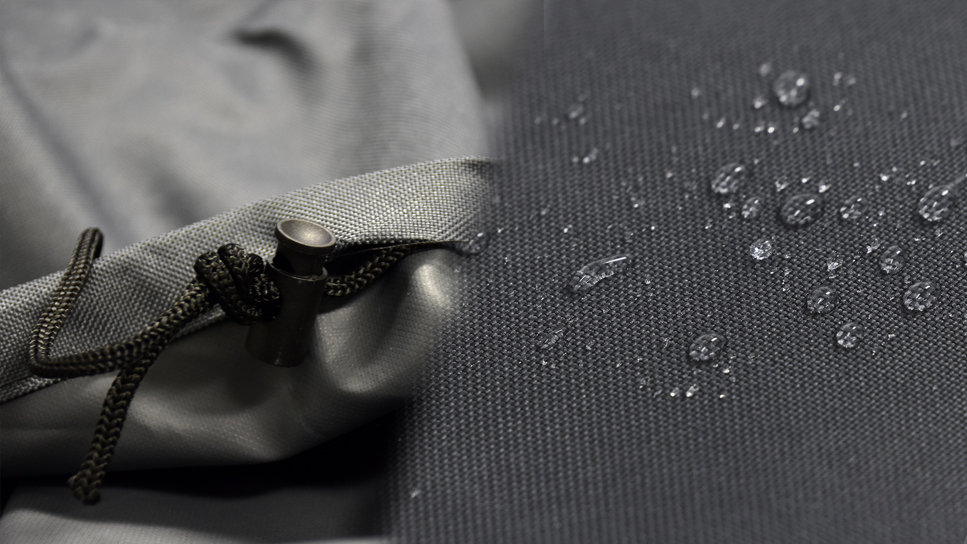 Close-up of a durable protective cover for a California Umbrella patio umbrella, featuring high-quality Sunbrella fabric with water-resistant properties. The detailed image highlights the secure drawstring and water-repellent material, ensuring maximum protection during fall weather.