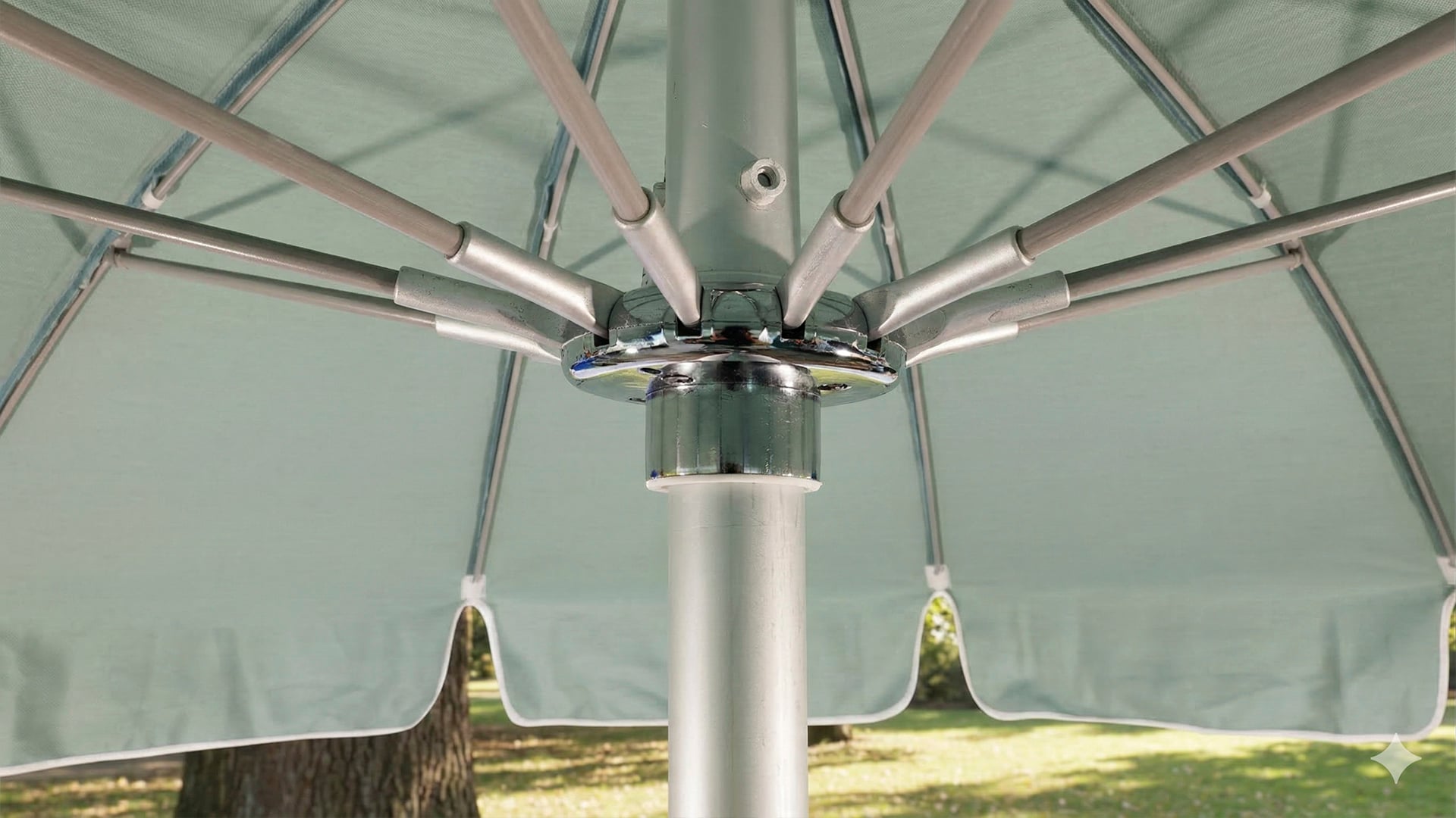 Underside view of a California Umbrella patio umbrella frame, showing sturdy ribs, center hub, and canopy construction.