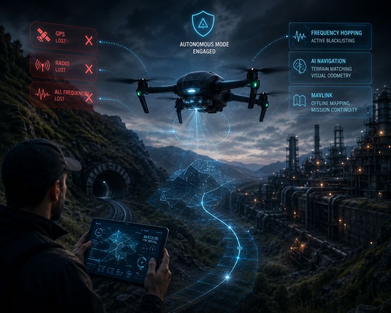 Autonomous drone navigating without GPS or radio contact