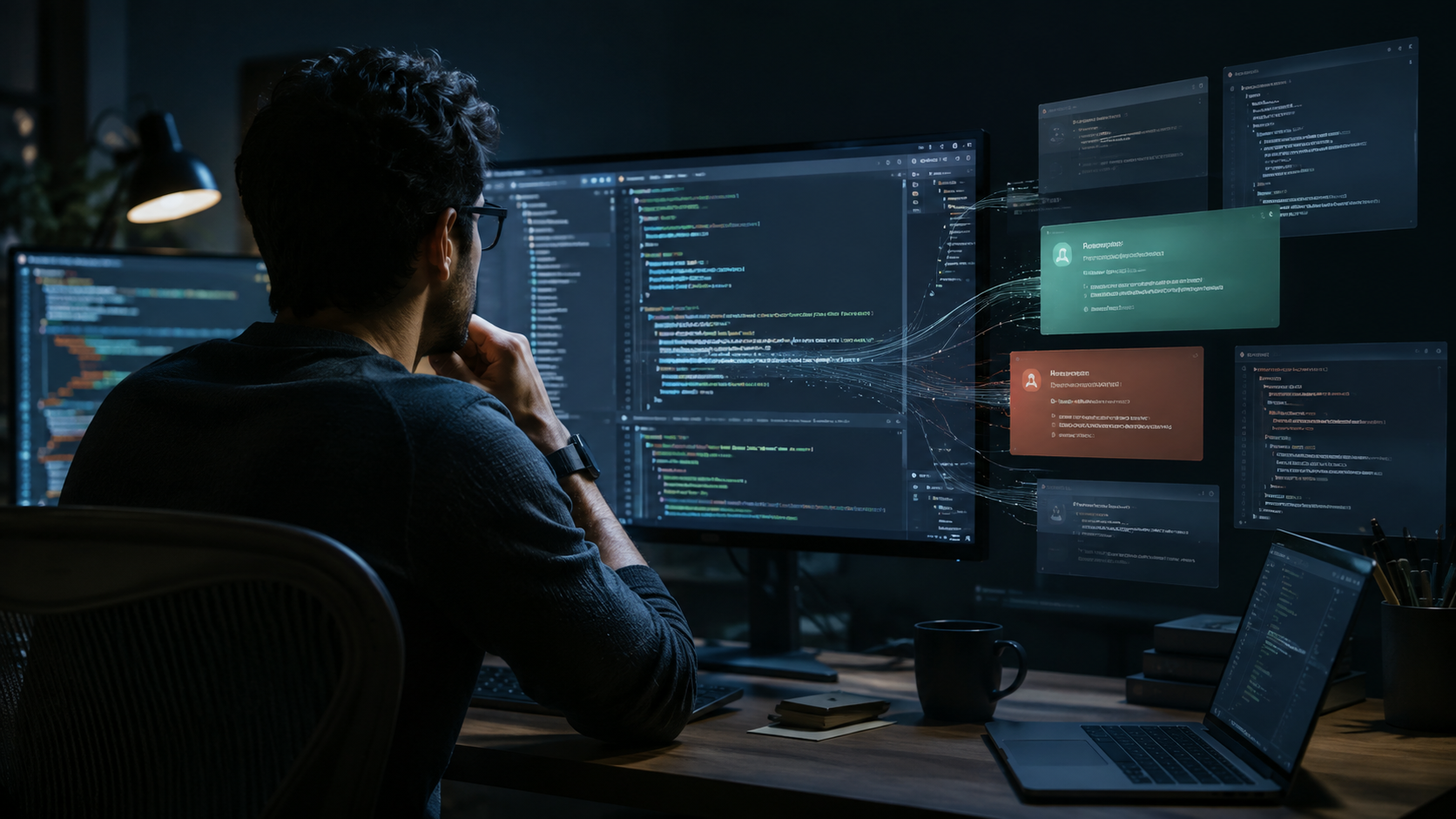 Software engineer reviewing multiple streams of AI-generated code suggestions
