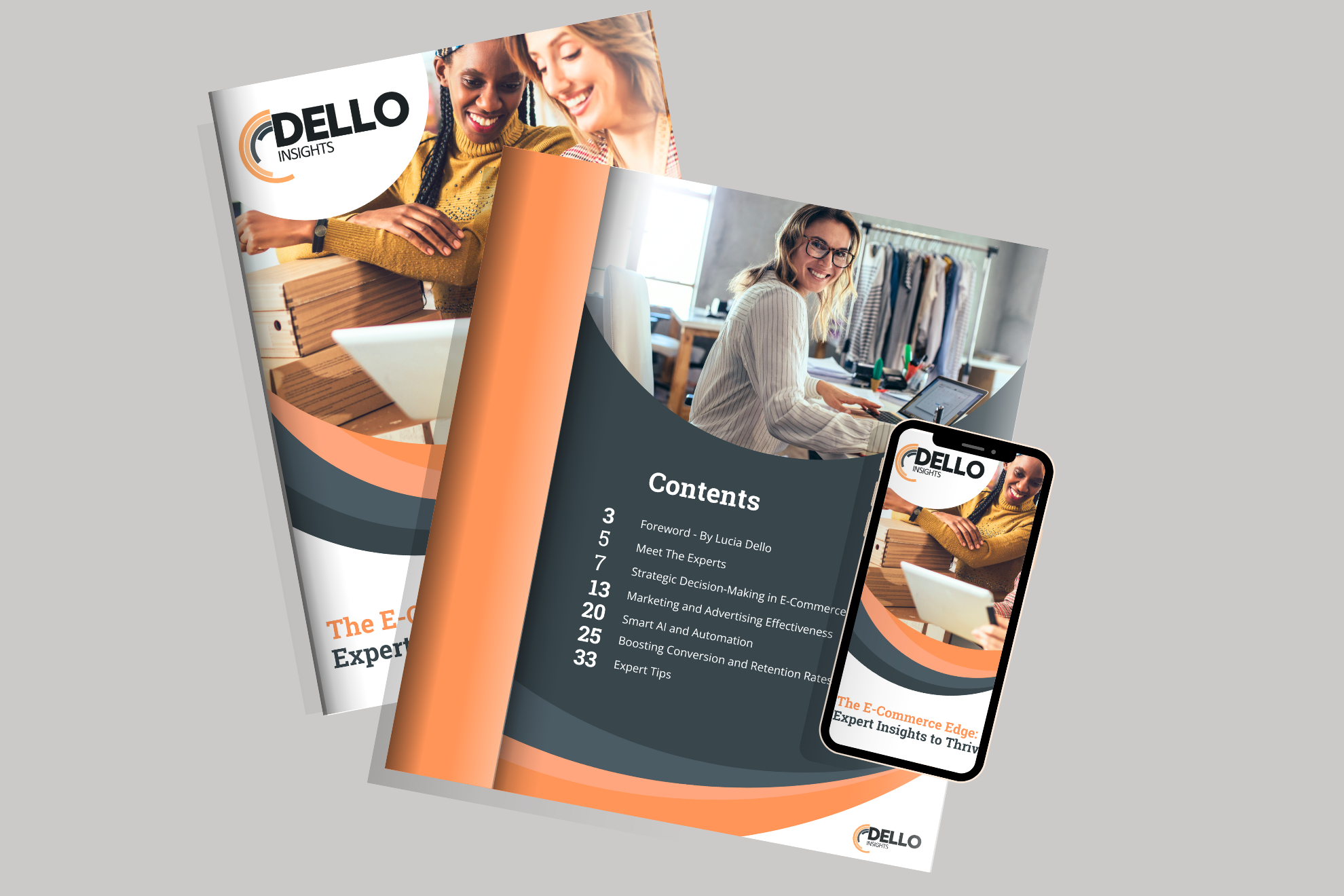 A mockup of the "Dello Insights" e-commerce report displayed in print and digital formats. The cover features two smiling women working on a laptop, with bold branding in orange, black, and white. The contents page is open, listing sections on strategic decision-making, marketing, AI, and conversion optimisation. A smartphone screen shows the report’s cover, emphasising accessibility across devices.