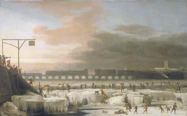 The Frozen Thames (1677) by Abraham Hondius in the Museum of London, showing Old London Bridge and Southwark Cathedral at right. Public domain. From Wikipedia.