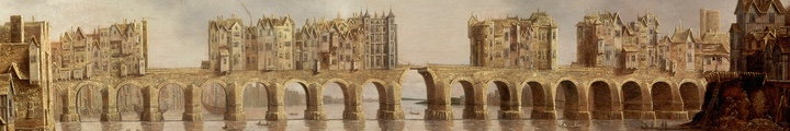 Detail of Old London Bridge on the 1632 oil painting View of London Bridge by Claude de Jongh, in the Yale Center for British Art.  Public domain. From Wikipedia.