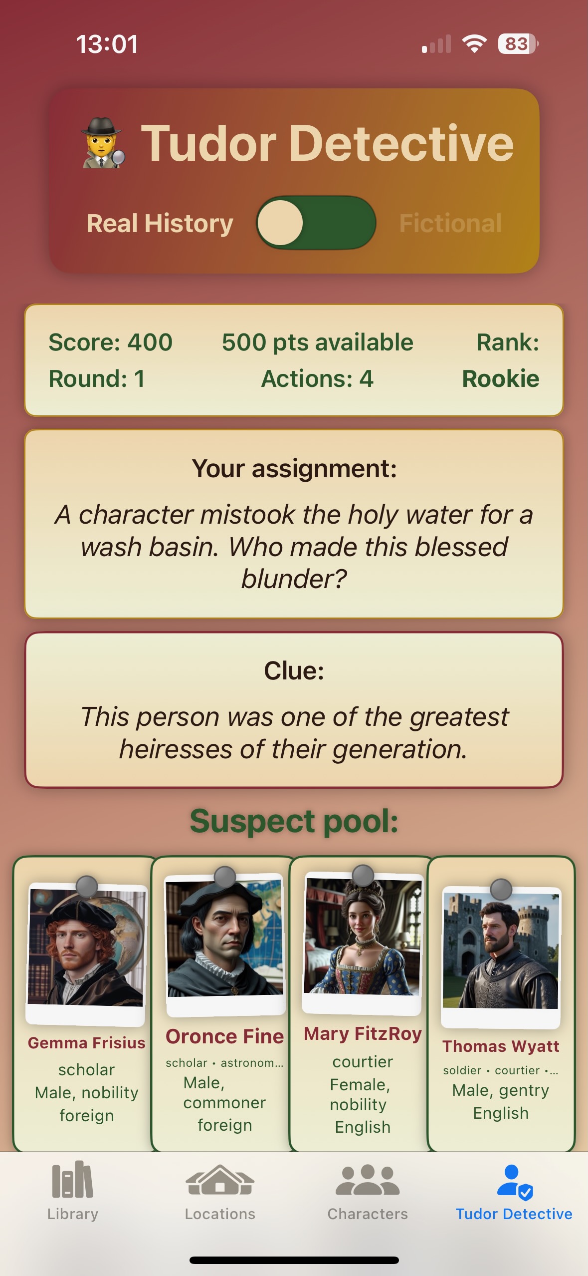 Tudor Detective game in the iPhone app