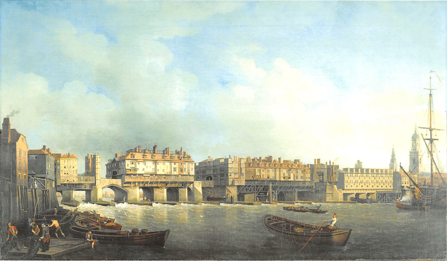 London Bridge in 1757 just before the removal of the houses, by Samuel Scott. Public domain. From Wikipedia.