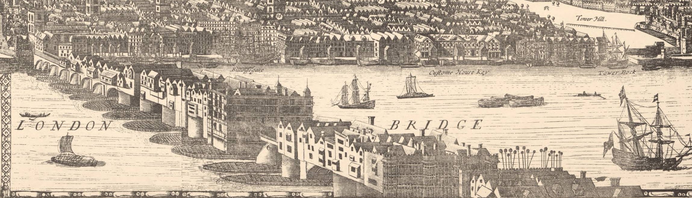 Drawing of London Bridge from a 1682 panorama. Public domain. From Wikipedia.