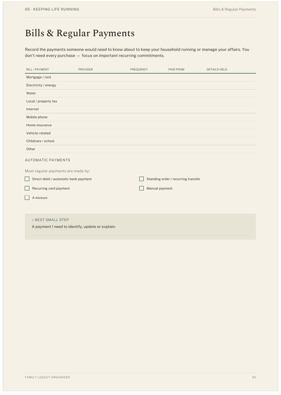 Organiser page: Bills & Regular Payments