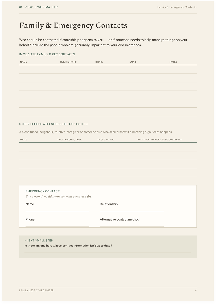 Organiser page: Family & Emergency Contacts