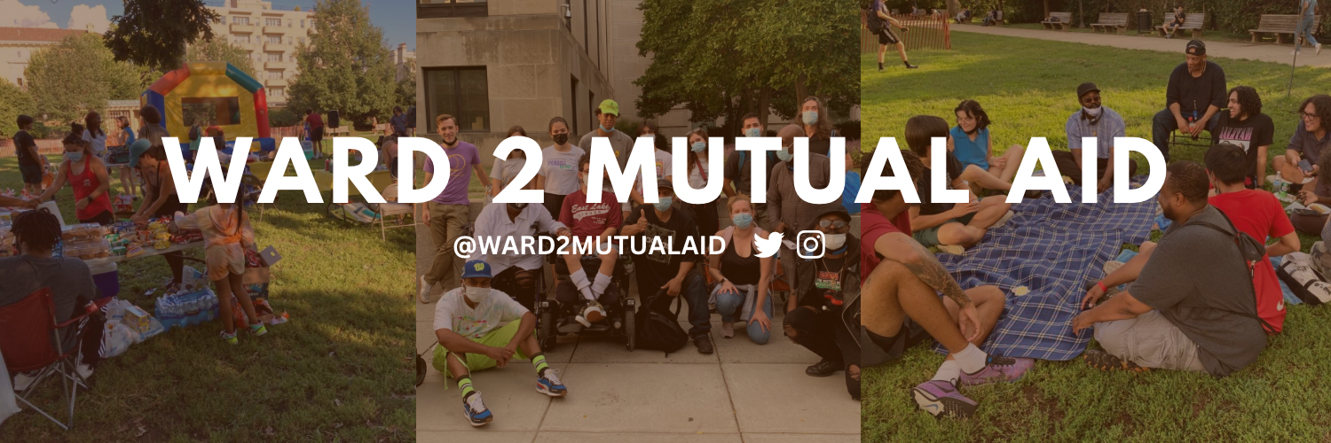 Three photos of groups of neighbors gathered outdoors collaged together, with Ward 2 Mutual Aid and social tag @ward2mutualaid overlaid