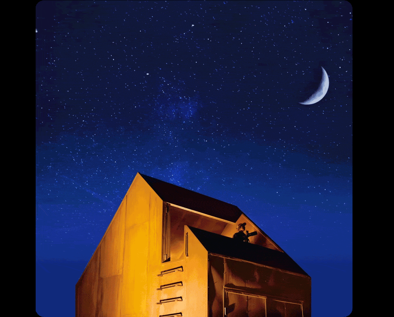 A moonlit, nighttime cinemagraph of a stay with an open top observation deck where a man stargazes with his telescope. A shooting star passes overhead.