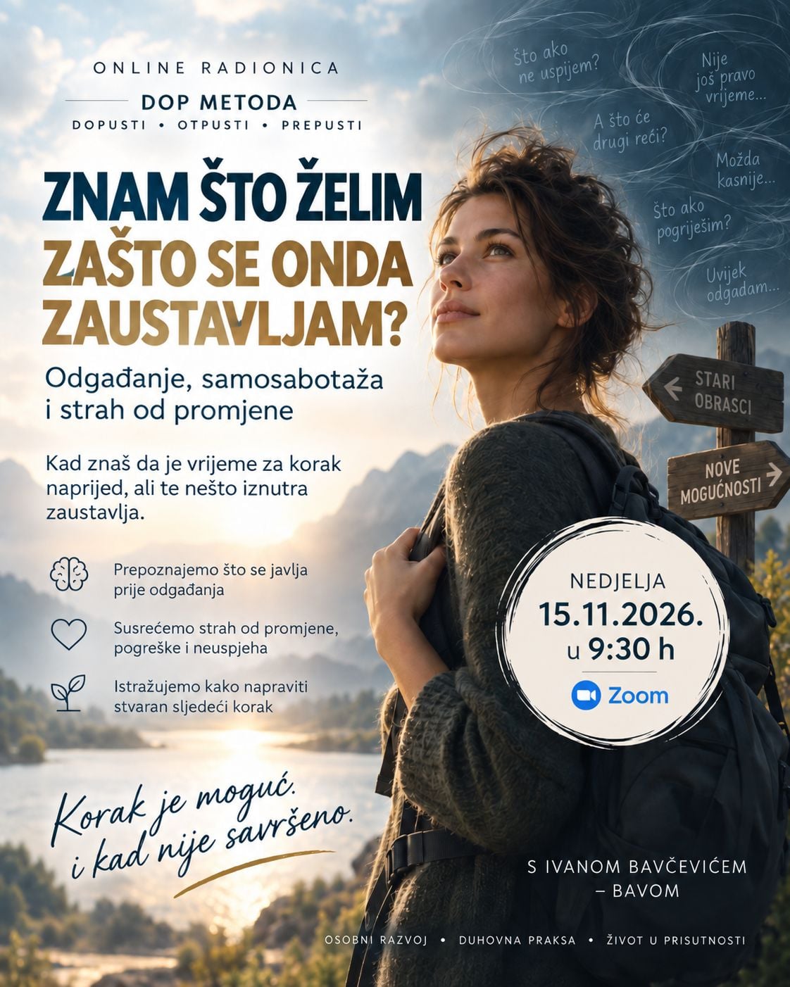 Poziv na online DOP radionicu Znam što želim – zašto se onda zaustavljam?, 15.11.2026. u 09:30, s Ivanom Bavčevićem – Bavom, putem Zooma.