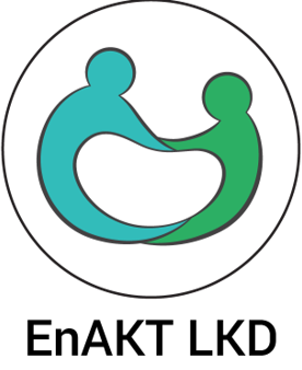 EnAKT LKD Trial Logo, two figures holding hands, one blue, one green, inside a black circle. A kidney bean shape is formed in the negative space between the two people.