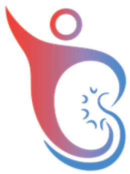 The MyTEMP Trial Logo, which is a figure of a person that swirls into two lines forming a kidney in the negative space. The logo faces from red to blue from the top to the bottom.