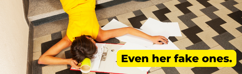 Upper body of a woman who has fallen down the stairs with the text 