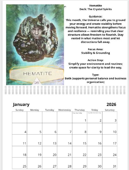 Sample June calendar page featuring four oracle cards from The Magic of Unicorns deck, with a guidance message on harmony and higher alignment