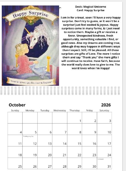 Sample January calendar page featuring a Hematite crystal card from The Crystal Spirits deck, with a guidance message on stability and grounding