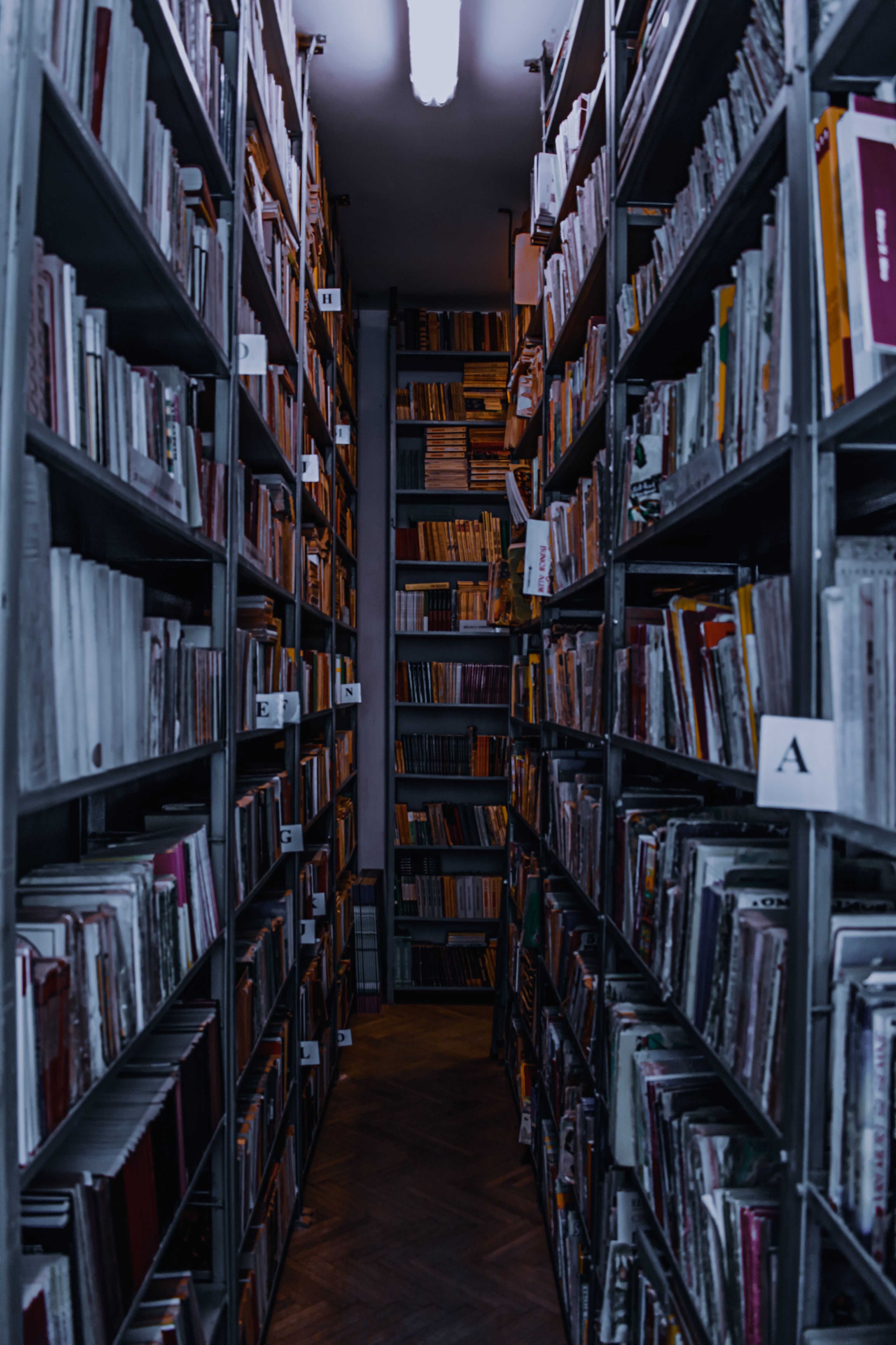 Dark image of two shelves of files stretching out to a horizon.