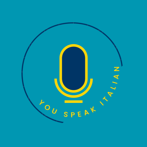 Logo Youspeakitalian, a dark blue microphone on a turquoise background.