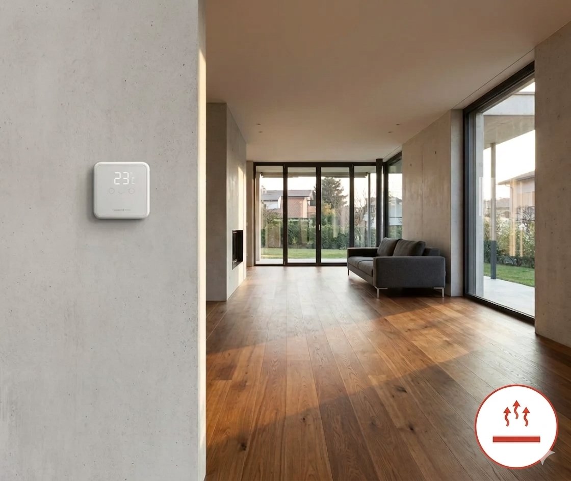 Padlófűtéses modern nappali termosztáttal