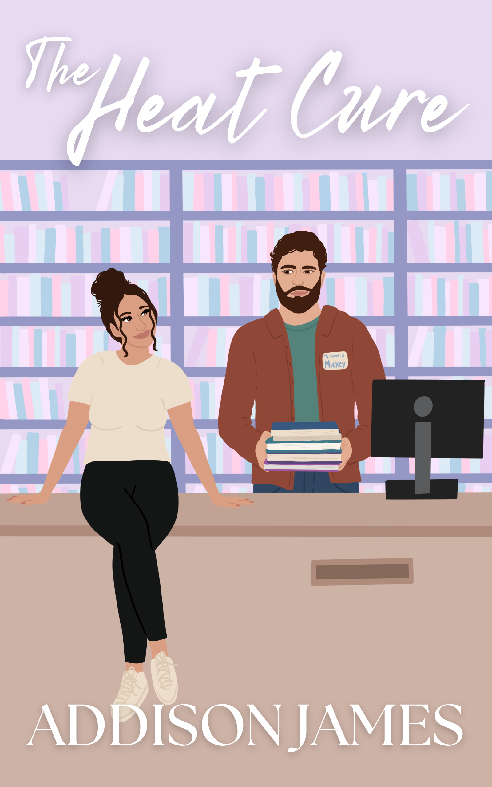 Book cover for The Heat Cure by Addison James, showing a library with a woman sitting on the counter, and a man holding books standing behind the counter