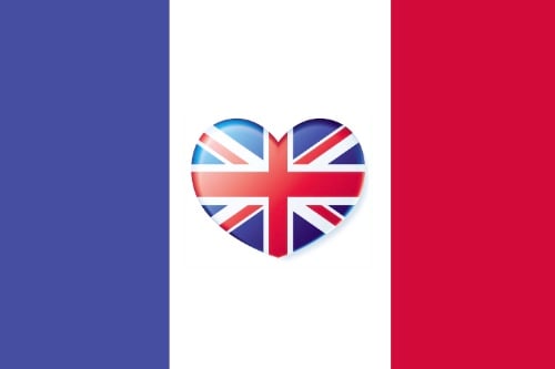 Logo French flag with union jack in a heart shape in the centre of the white pane