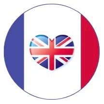 Logo French flag with union jack in a heart shape in the centre of the white pane within a circle shape