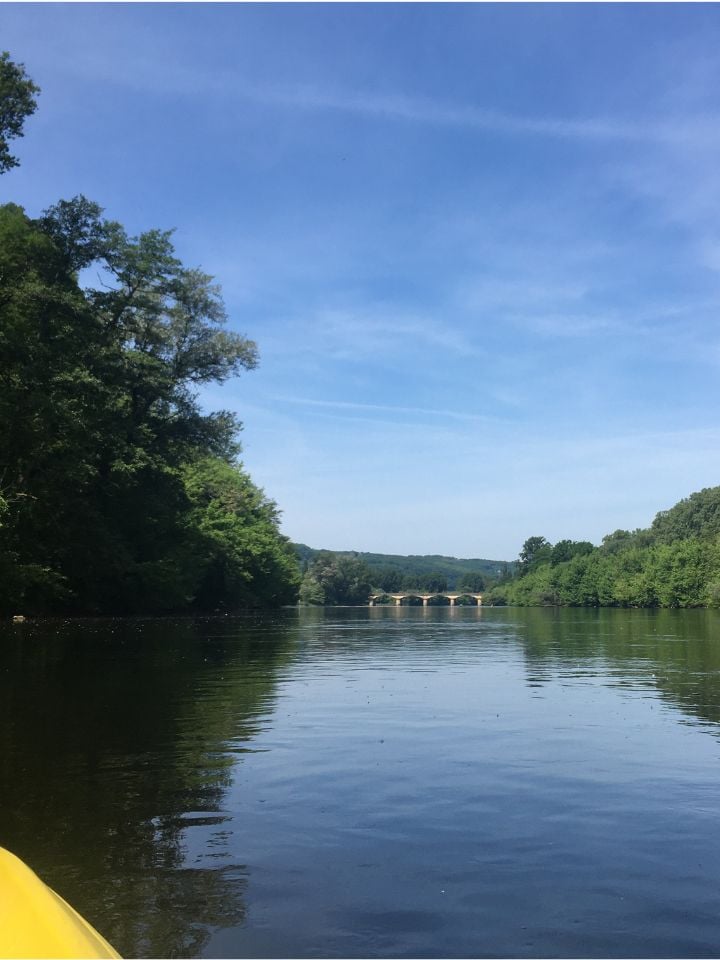 An image of a wide fiver surround by trees with a bridge with 5 arches in the far distance and blue sky