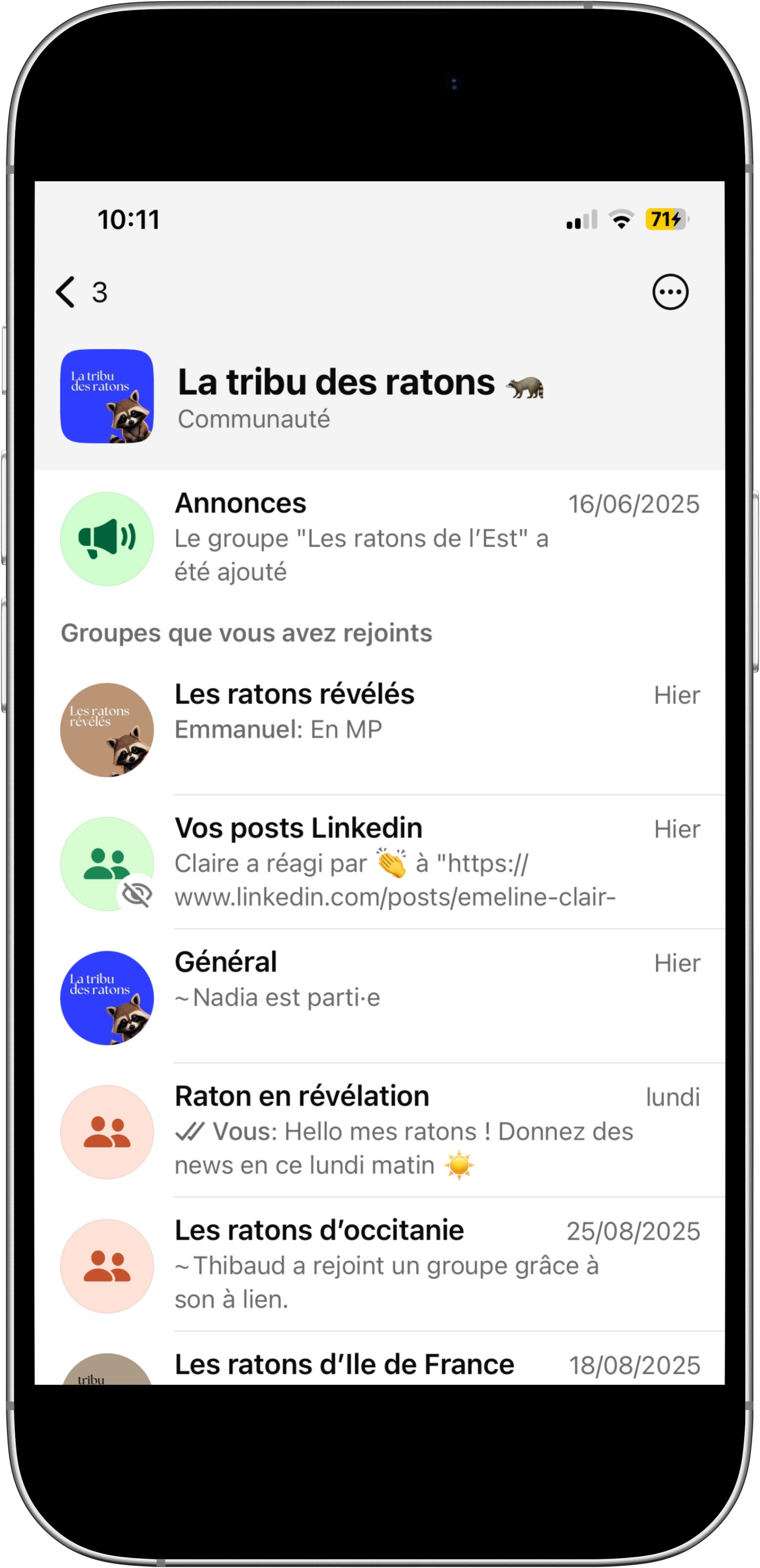 Les groupes de la tribu : groupe général, groupe régionaux, groupe des rations en révélation, groupe des ratons révélés, etc