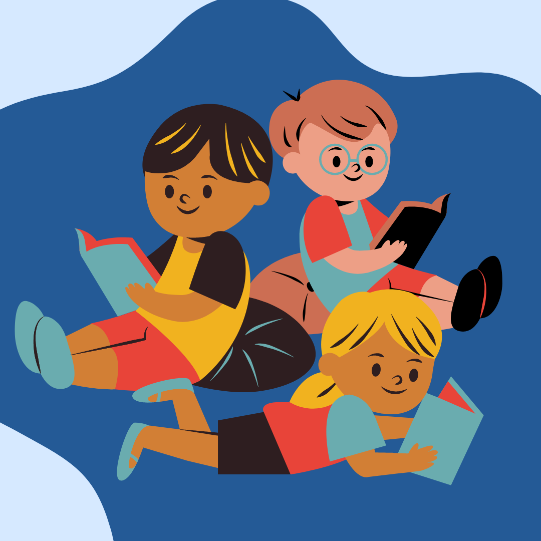 Three diverse children sitting on the ground reading.