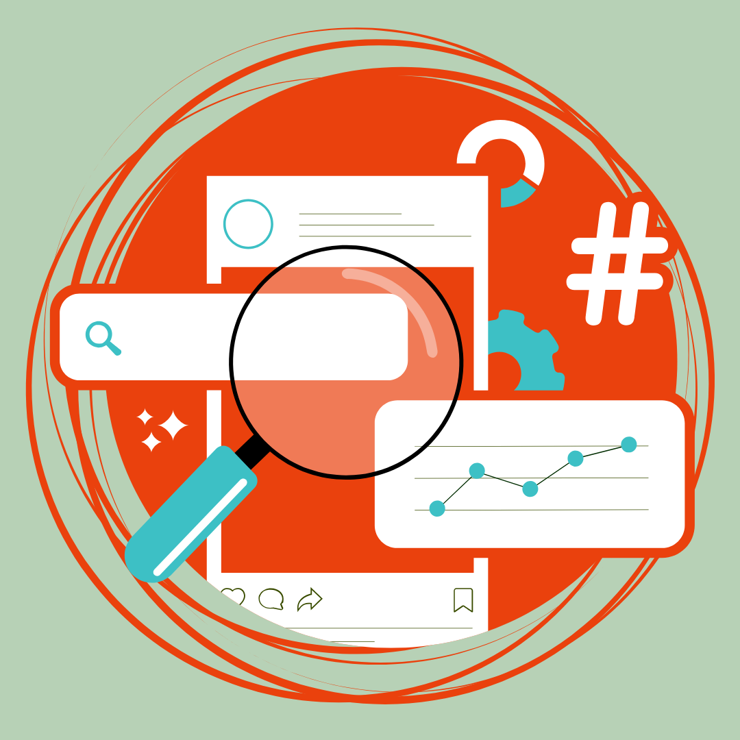 A magnifying glass hovers over a social media post with different metrics hovering around.