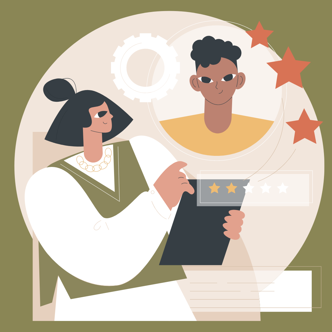 A woman, holding a clipboard, is rating and reviewing an employee.