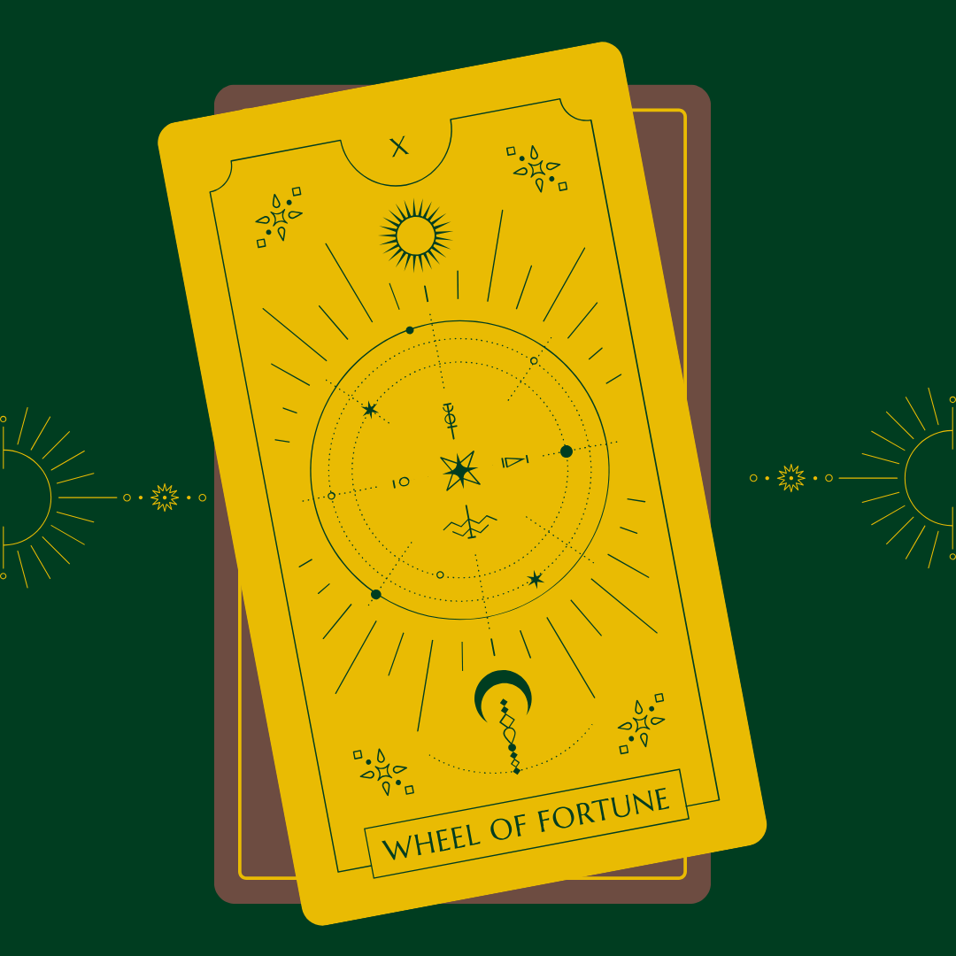 Stack of tarot cards with wheel of fortune on top