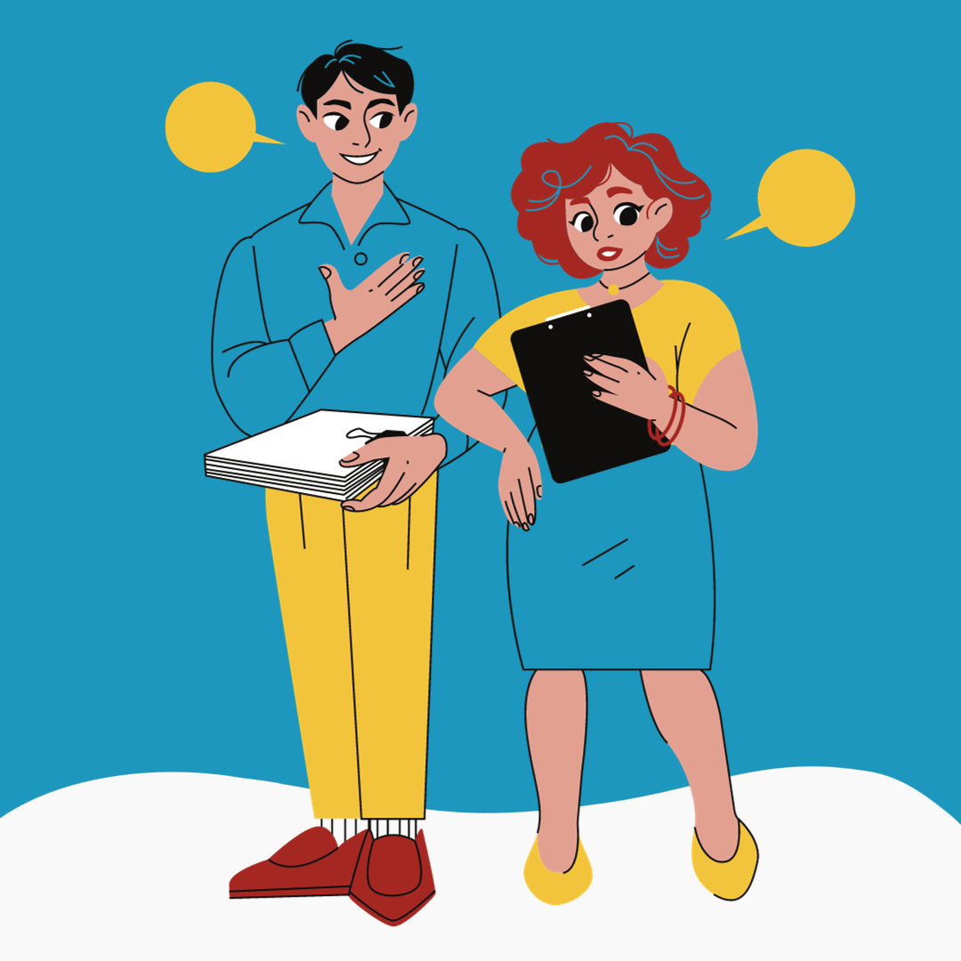 A man and a woman holding office supplies interact while speech bubbles are above their heads.