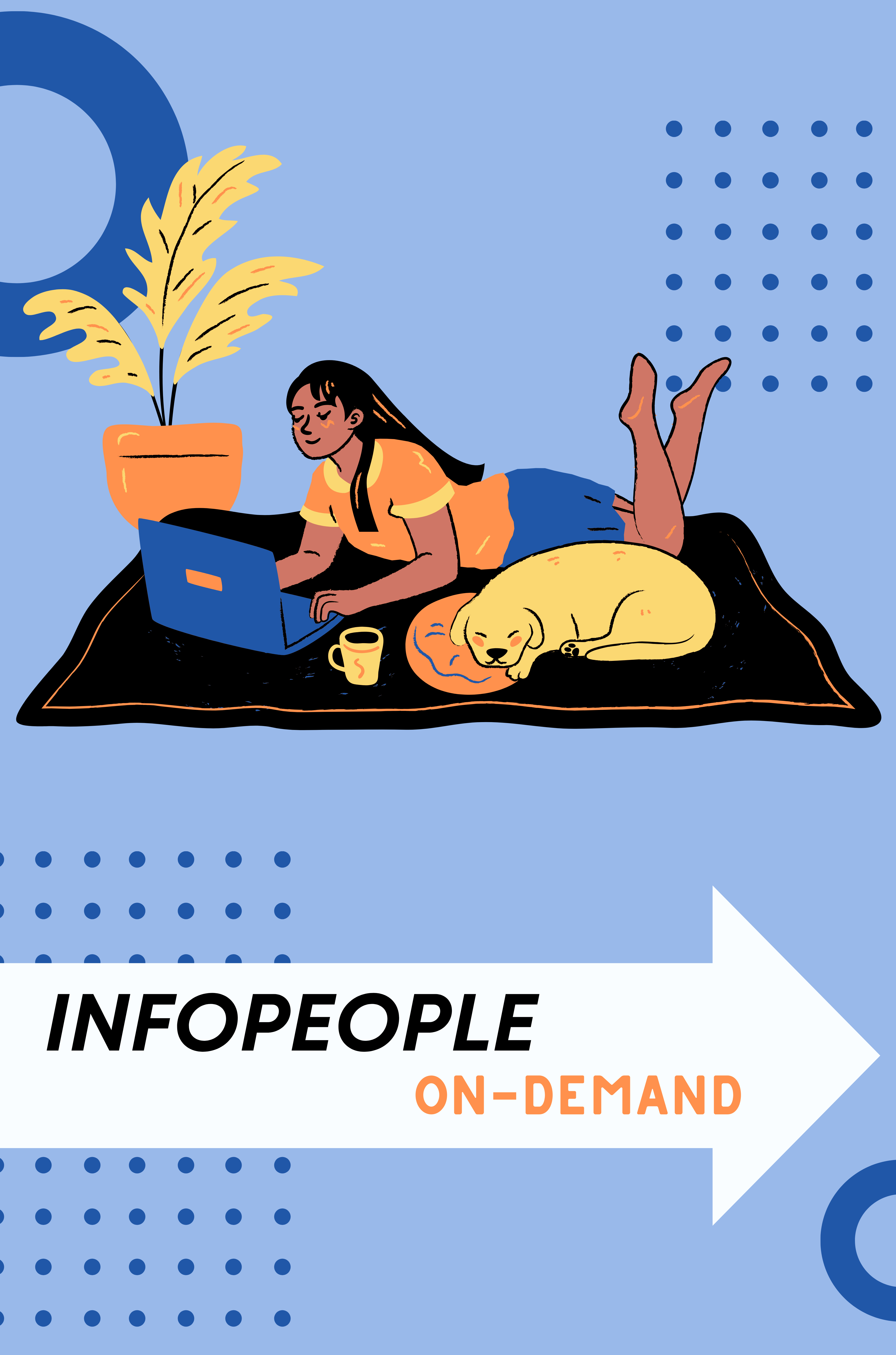 A woman relaxing on a blanket with coffee and her laptop. Her dog is curled up next to her asleep.