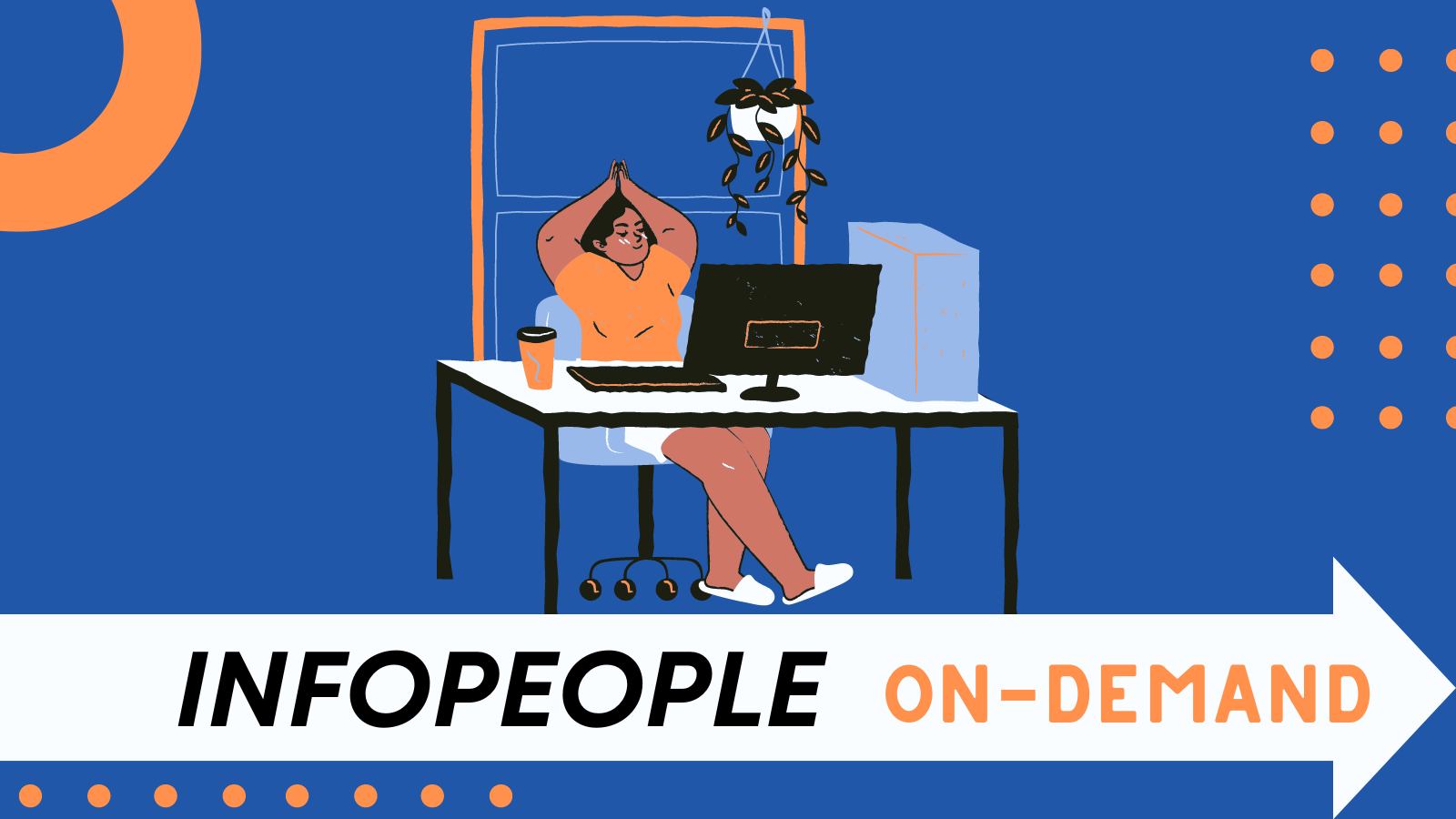 A person relaxing at home on their laptop with a soft drink next to them above the words