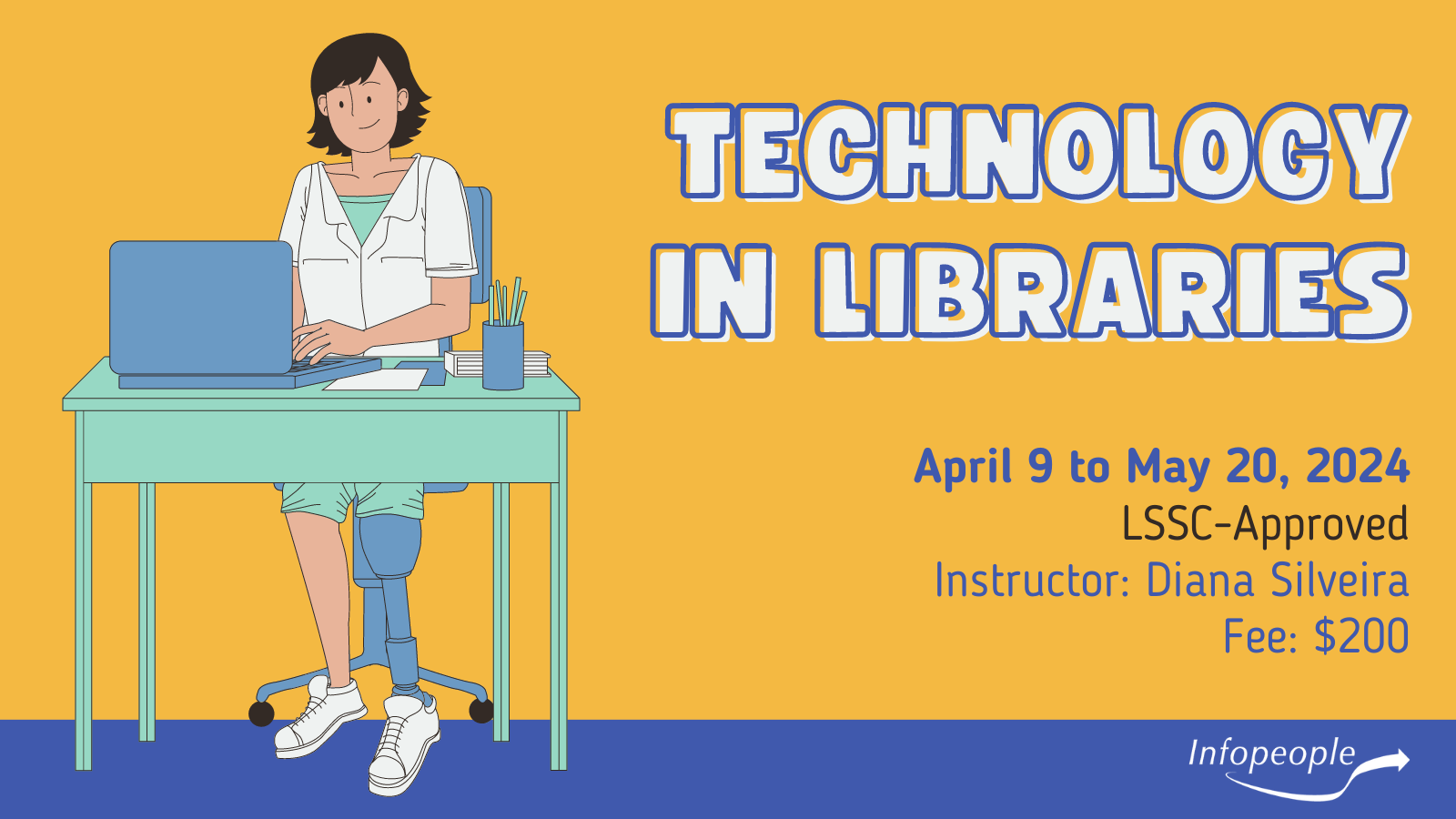 Library Supervision and Management- an Infopeople course. March 5 to April 15, 2024. LSSC-approved. Instructor: Heidi Dolamore. Fee: $200. A woman, holding a clipboard, is rating and reviewing an employee.