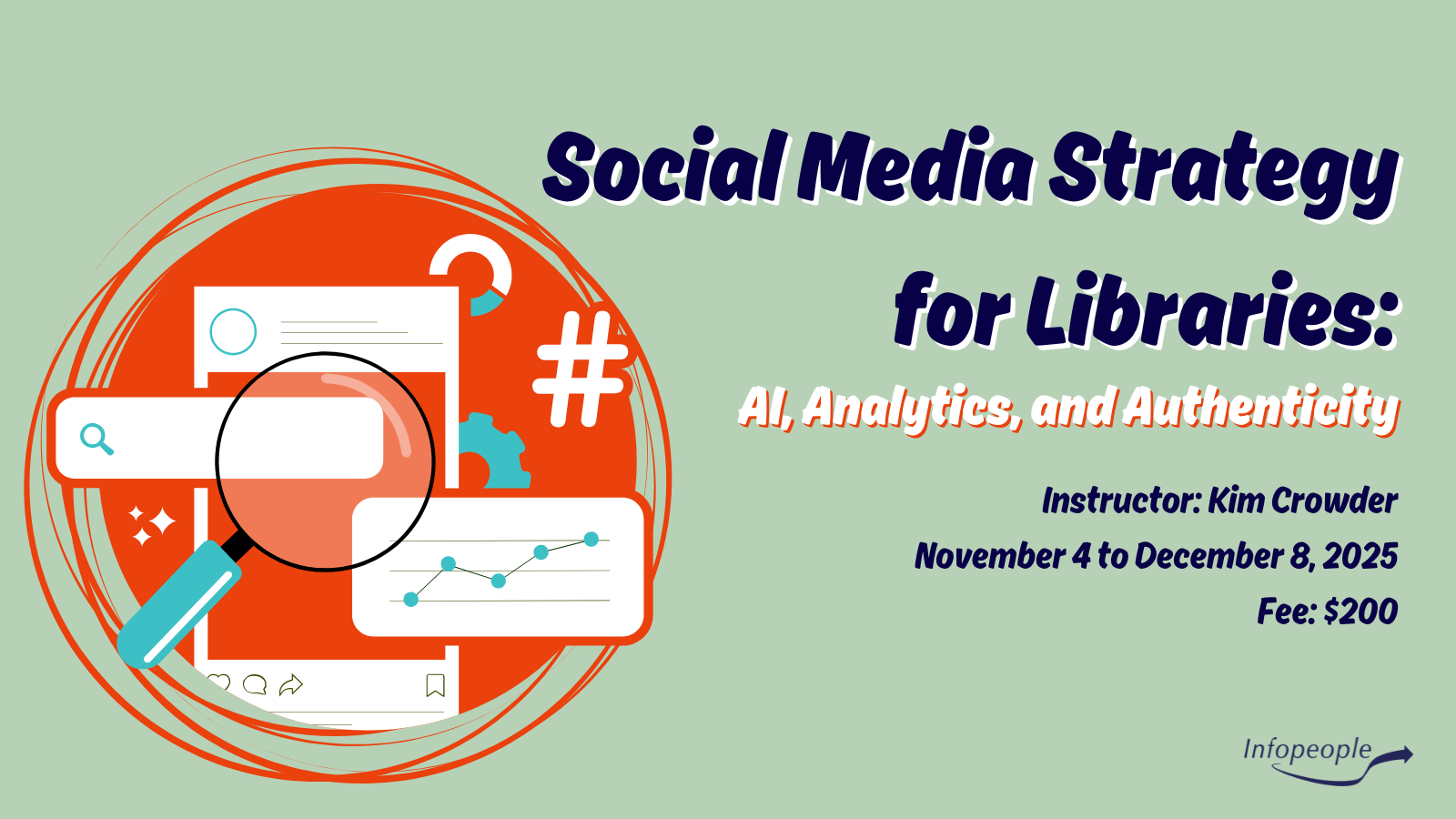 Social Media Strategy for Libraries: AI, Analytics, and Authenticity - an Infopeople course. November 4 to December 8, 2025. Instructor: Kim Crowder. Fee: $200. A magnifying glass hovers over a social media post with different metrics hovering around.