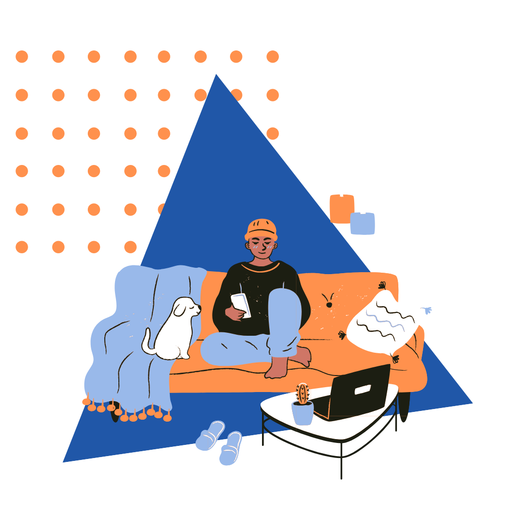 Person resting on the couch with their dog looks at their phone as their laptop is open in front of them.