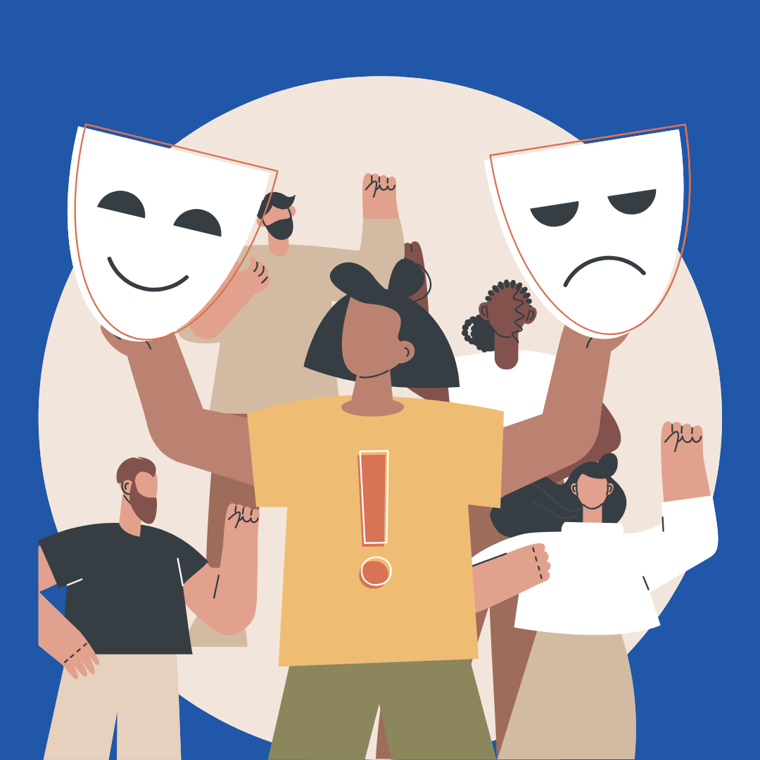 A woman holding two masks: happy and unhappy. Behind her people are gathered with their arms raised like they are upset.