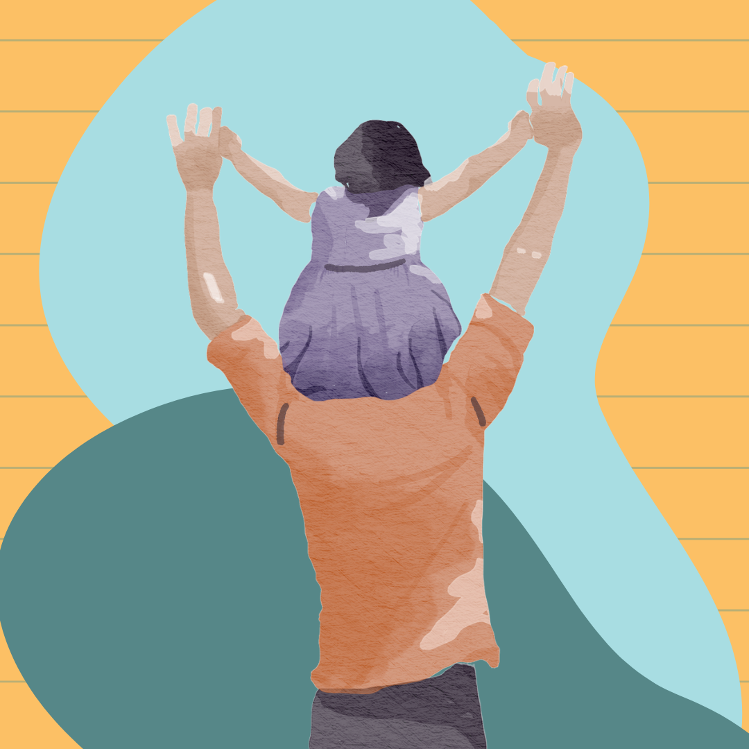 A watercolor image of a man carrying a toddler girl on his shoulders as seen from behind.