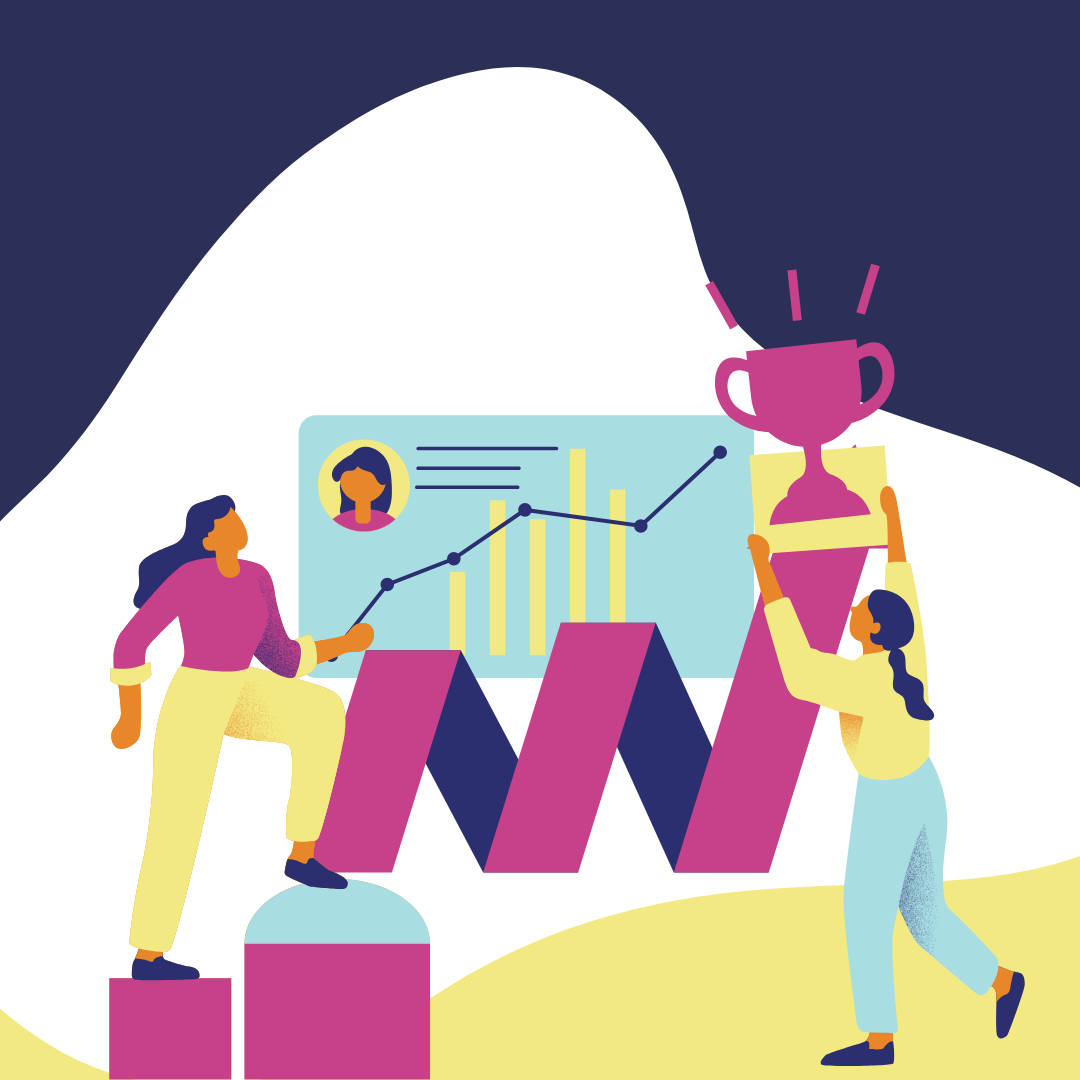 A colorful graphic of a woman climbing steps next to her resume featuring an upward trending graph. She is heading towards a trophy that another woman places at the end of the journey.