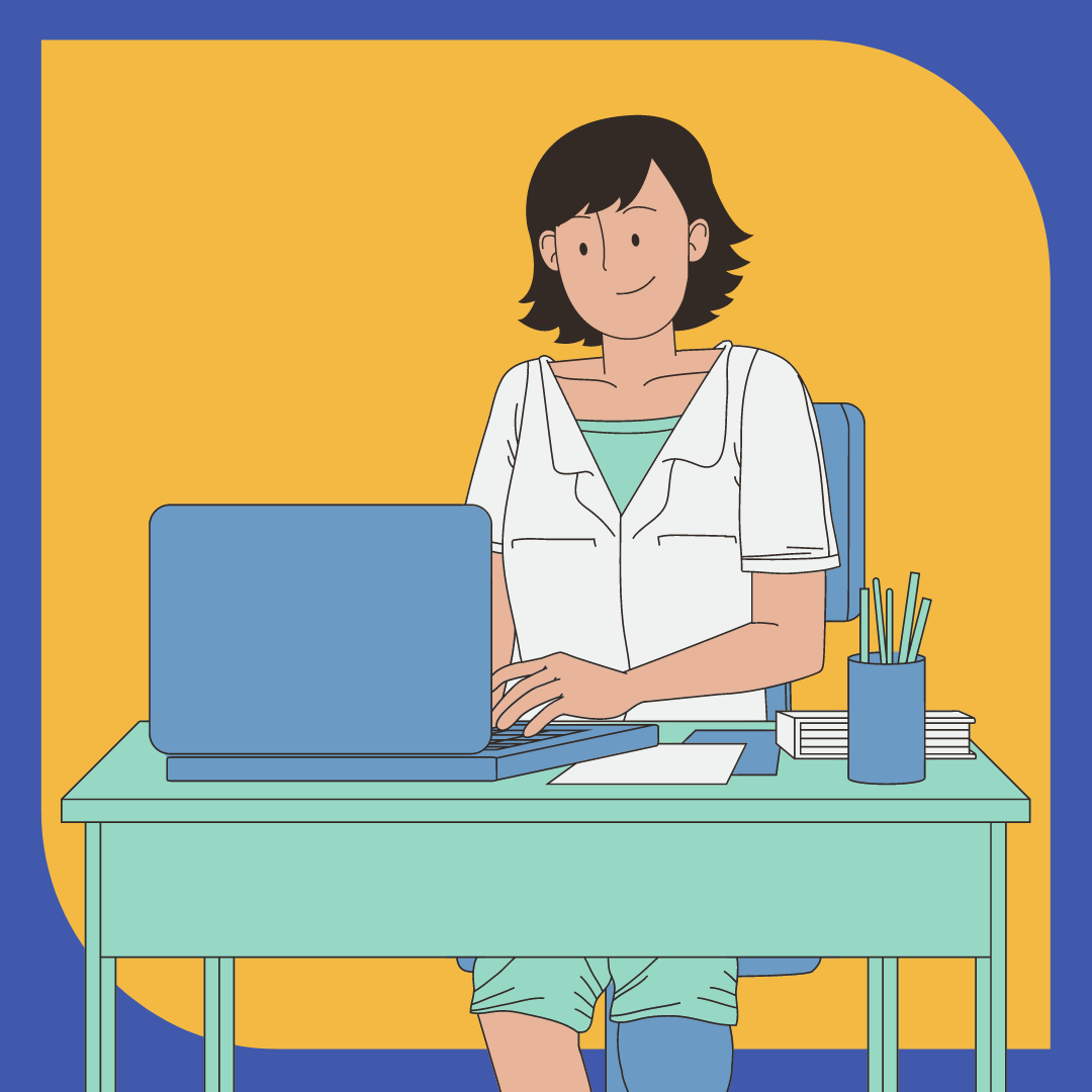 Woman with a prosthetic leg working at a standing desk on a laptop.