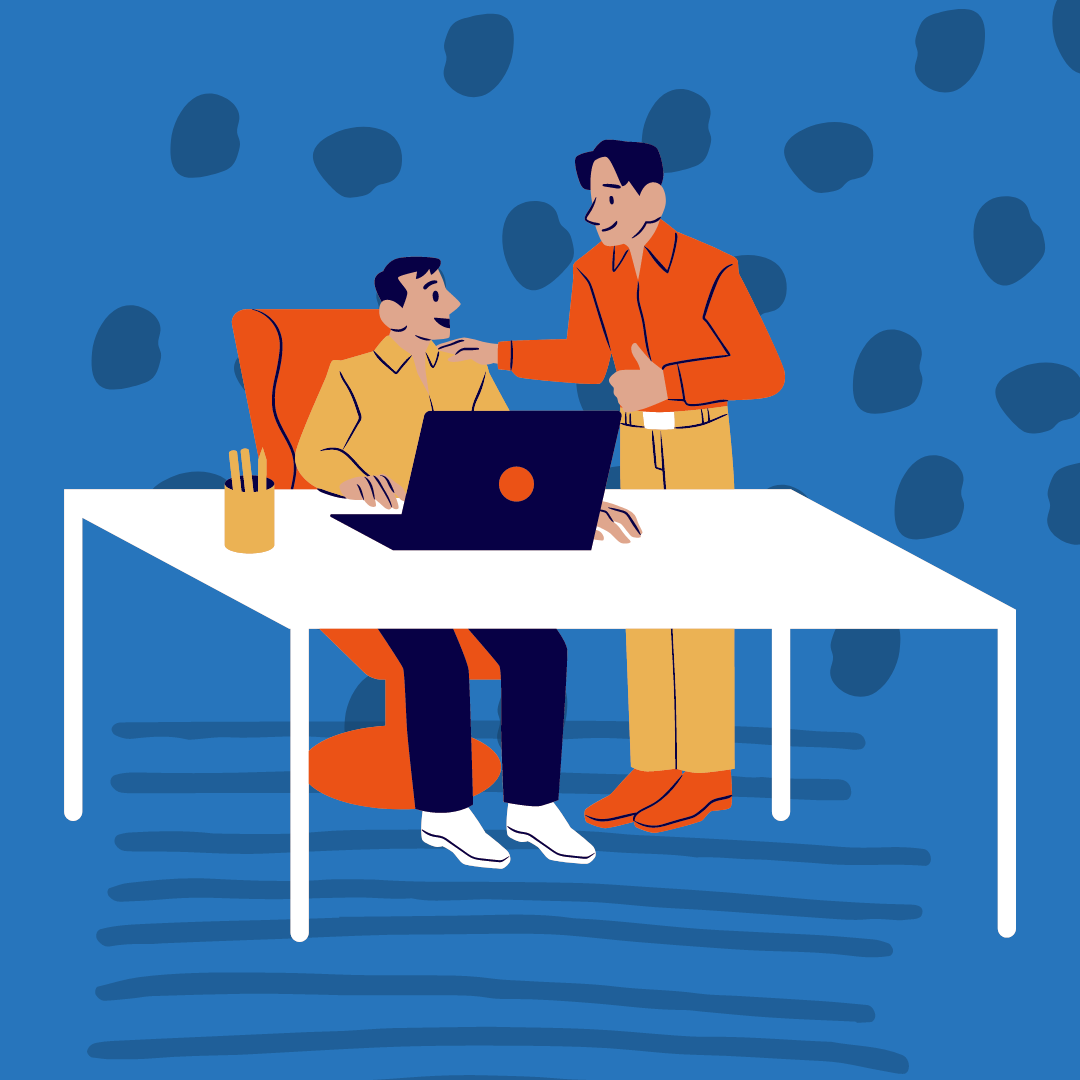 A man working at a computer while another gives him advice and speaks to him.