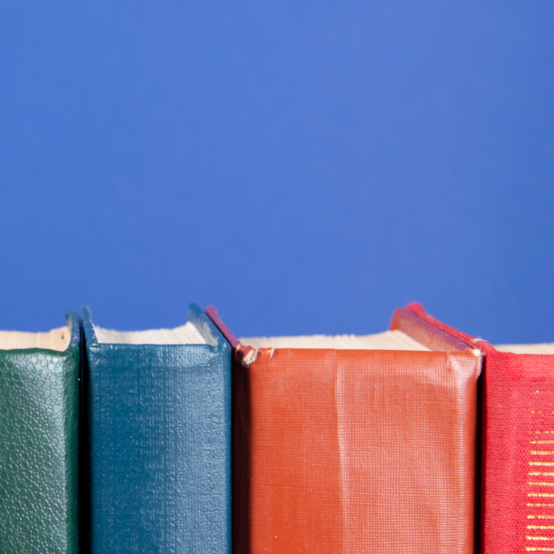 A photograph of a row of brightly colored book spines.