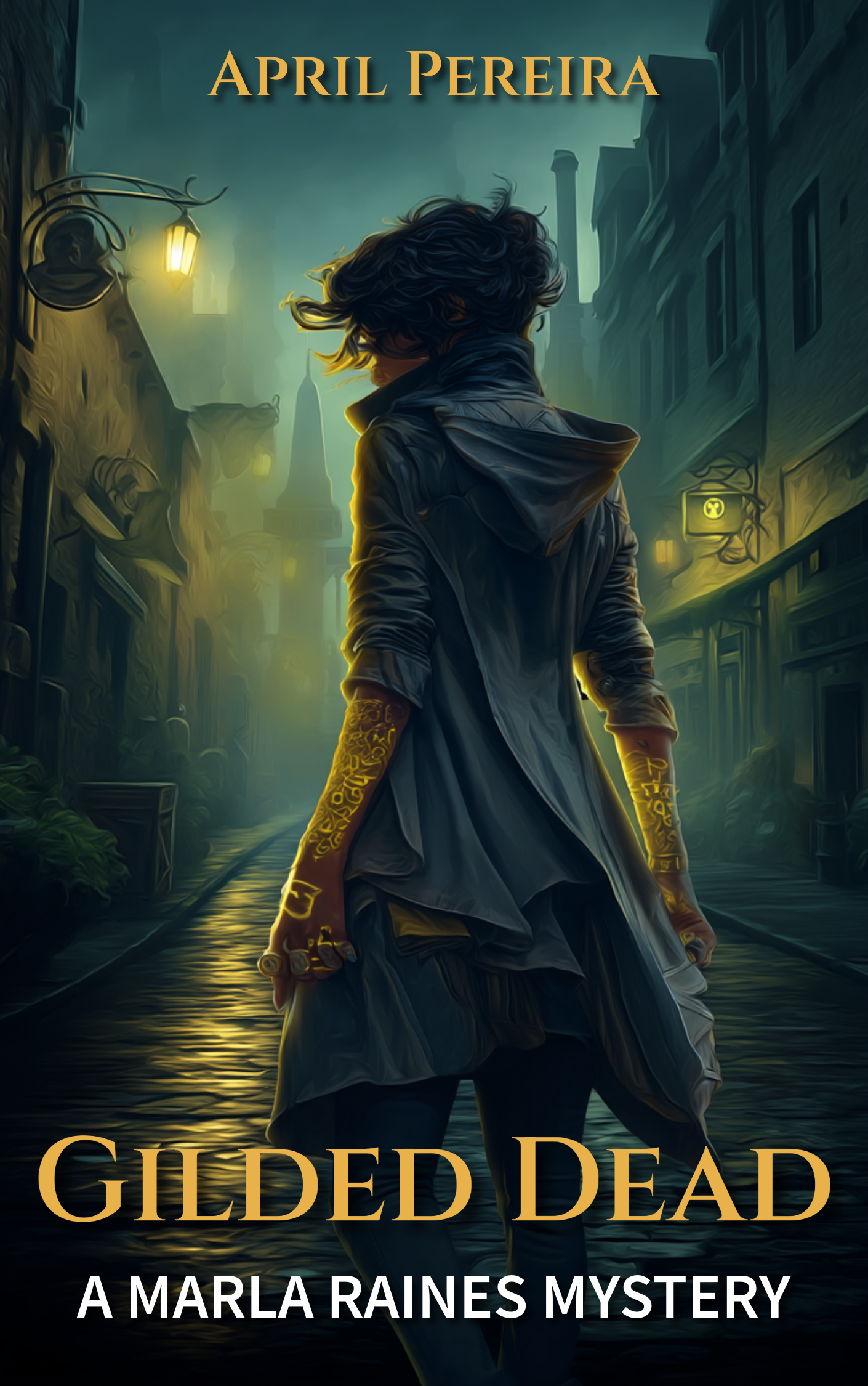 Book cover for The Gilded Dead: A Marla Raines Mystery by April Pereira. A femme-presenting detective stands with her back turned in a rain-soaked, magical alley. She wears a hooded trenchcoat with glowing gold runes on her arm. The scene is dark and moody, with enchanted graffiti and misty light.