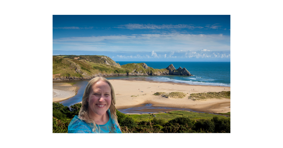 A photo of a smiling woman; Pippa superimposed over a picture of a beautiful Welsh beach