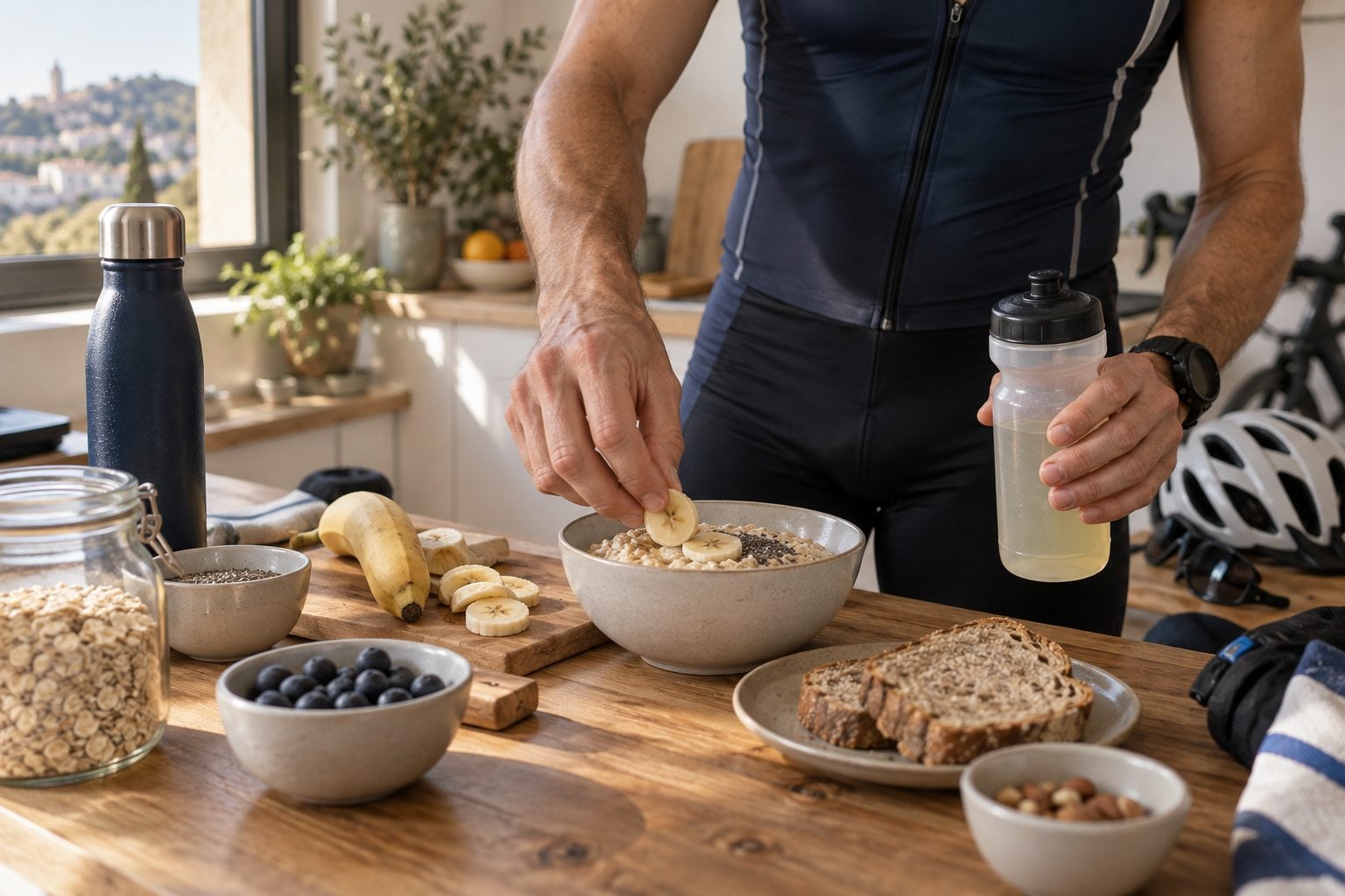 Desayuno y bidón preparados por un deportista de resistencia