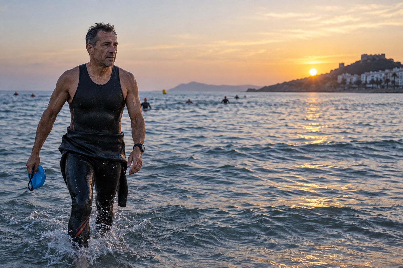Triatleta máster saliendo del agua al amanecer