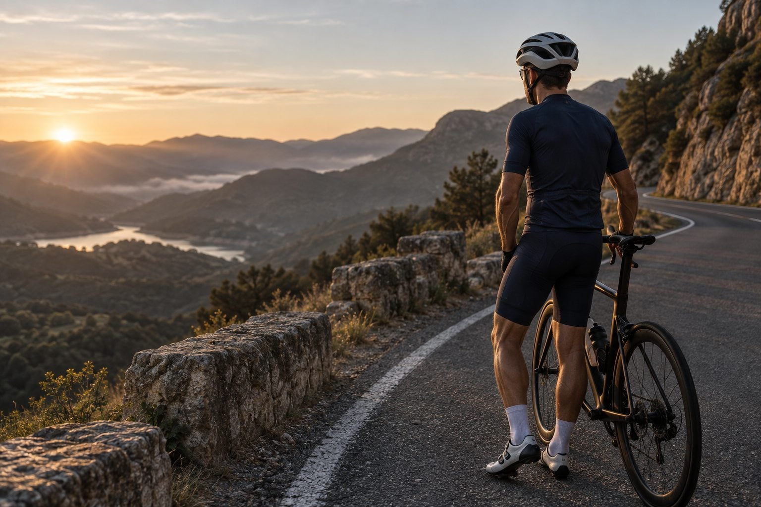 Ciclista en una carretera de montaña al amanecer